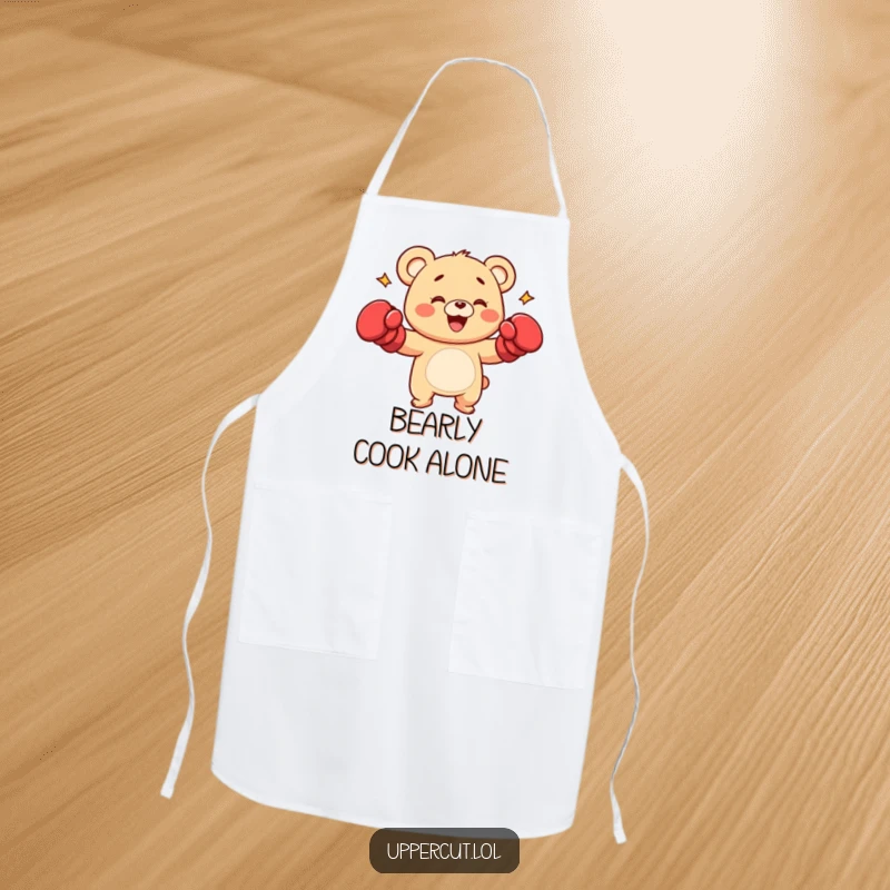 Funny bear cub in boxing gloves, playfully punching while cooking, a humorous and protective apron for foodies.