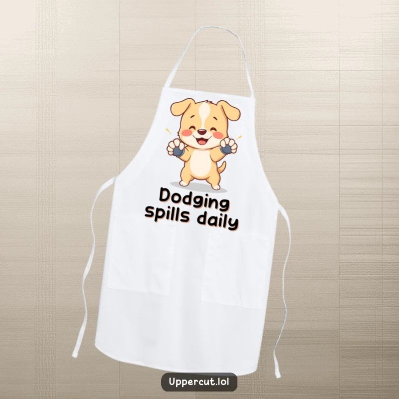 Funny apron with a cheerful puppy in tiny gloves, playfully dodging a shadow punch, blending kitchen utility with adorable fun.