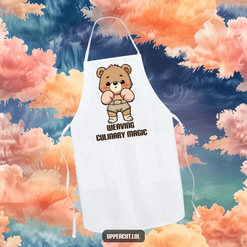 Funny Bear Boxing Apron: Determined bear in boxing shorts humorously bobbing and weaving, perfect for a funny culinary bout.