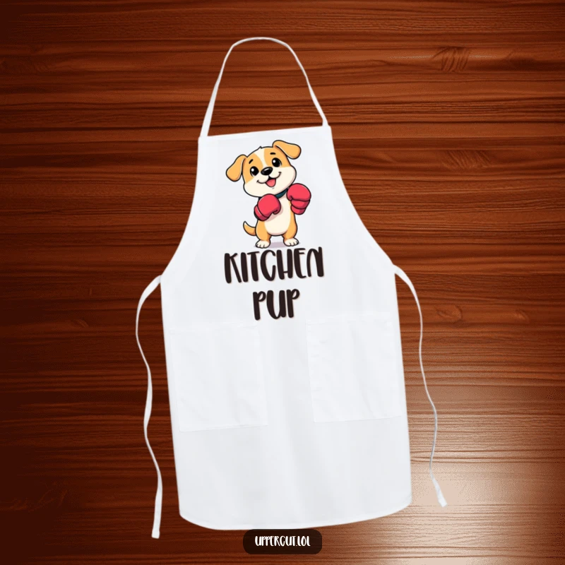 Funny dog boxer apron with a cartoon dog wearing boxing mitts, playfully tapping its paws, ready for culinary battles.