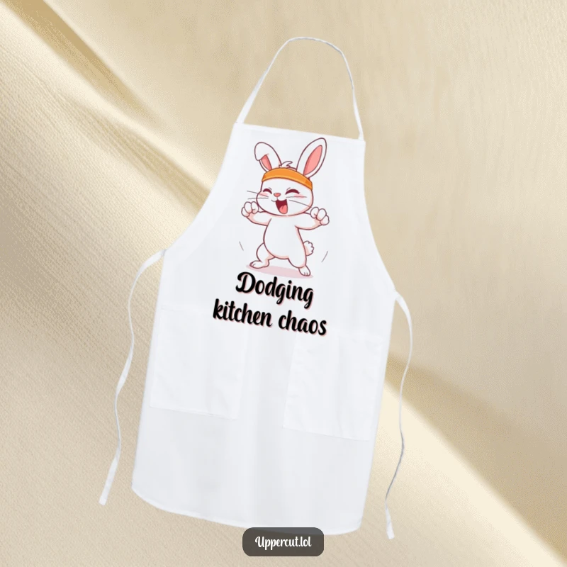 Funny Feisty Rabbit Apron: Feisty rabbit in a headband humorously dodging an imaginary punch, perfect for a funny culinary dodge.