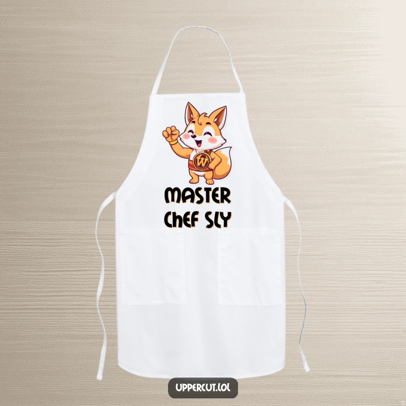 Funny fox champion apron with a triumphant cartoon fox wearing a championship belt and raising a paw, ready to cook.