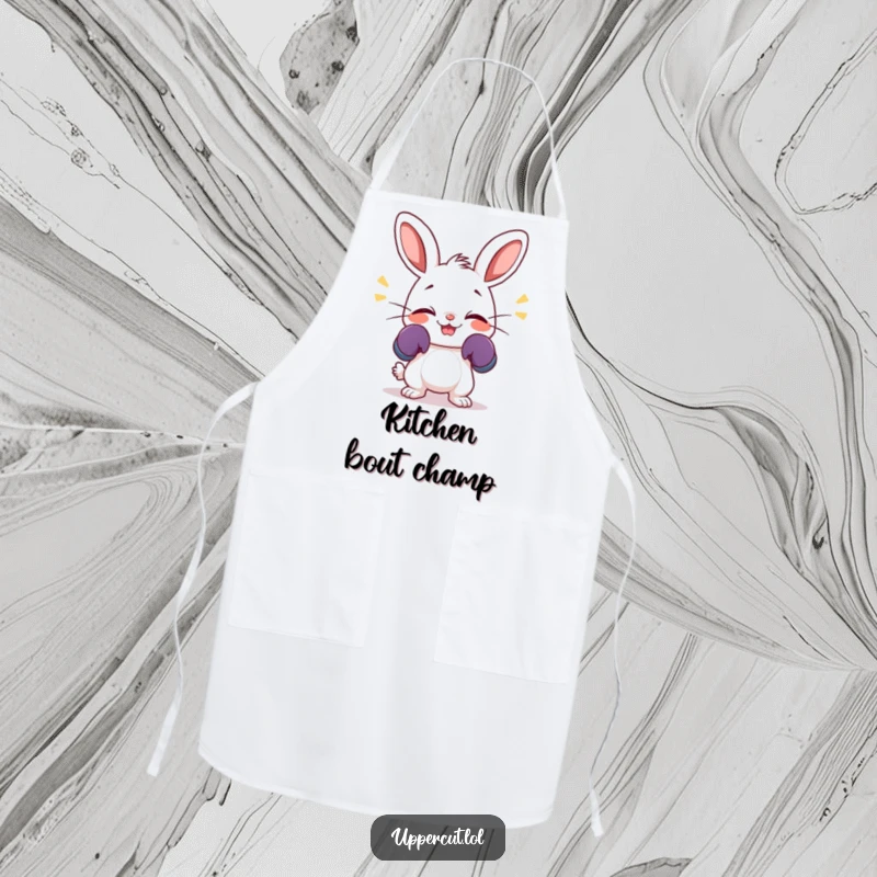 Funny apron featuring a giggling rabbit in miniature boxing gloves, enthusiastically wiggling its nose during kitchen preparations.