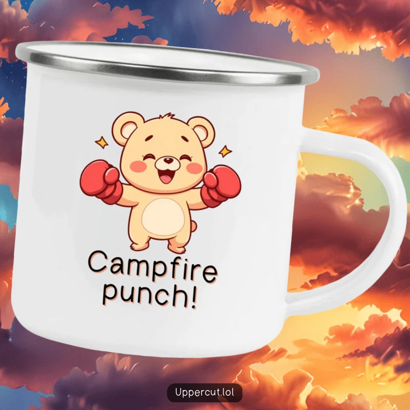 Funny bear cub in boxing gloves, playfully punching, a durable and spirited camping mug for outdoor fans.
