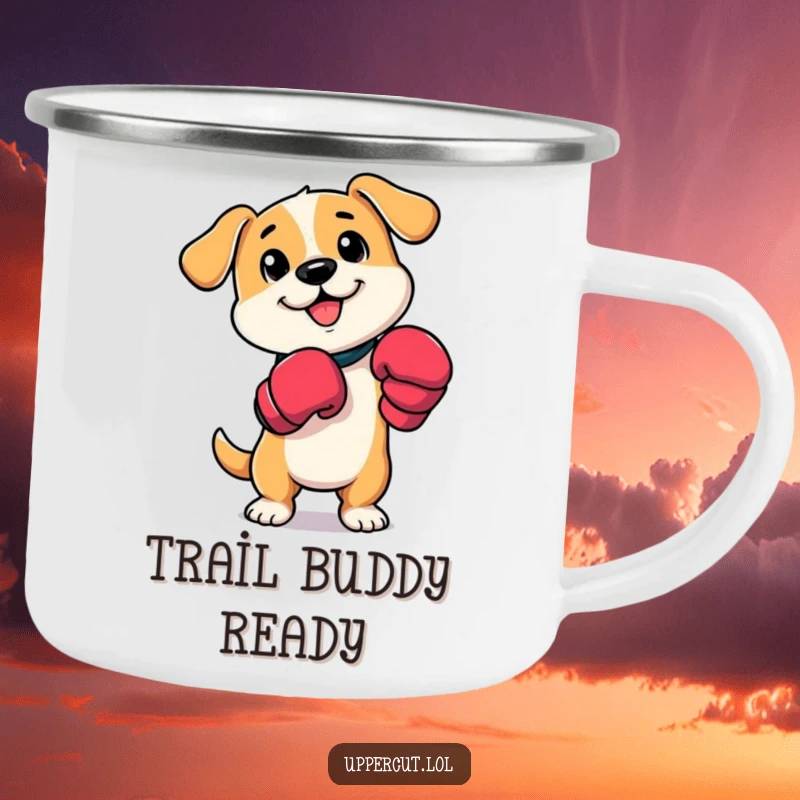 Funny dog boxer camping mug with a cartoon dog in boxing mitts, playfully tapping its paws, ready for the wild.
