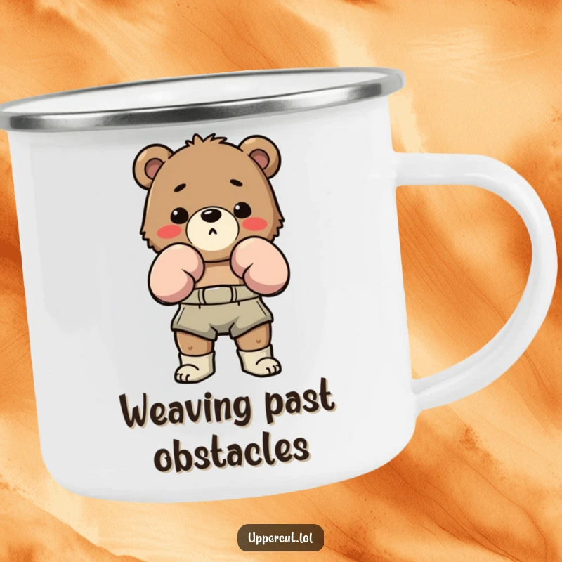 Funny Bear Boxing Camping Mug: Determined bear in boxing shorts humorously bobbing and weaving, perfect for funny outdoor challenges.