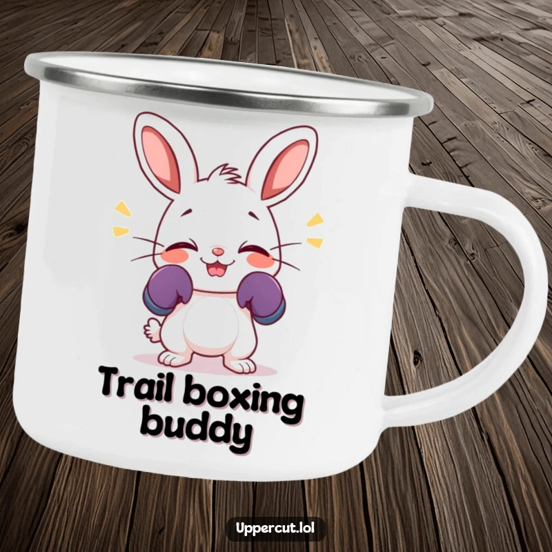 Funny camping mug with a giggling rabbit in boxing gloves, enthusiastically wiggling its nose, ready for outdoor fun.