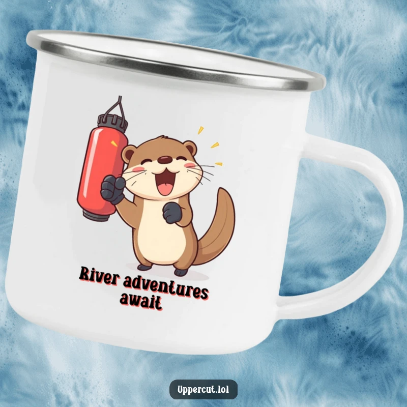 Funny otter in gloves, playfully punching a floating bag, a durable camping mug for joyful outdoor fun.