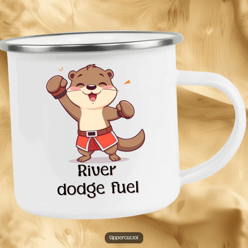 Funny otter in boxing shorts, playfully dodging a jab, a durable and spirited camping mug.