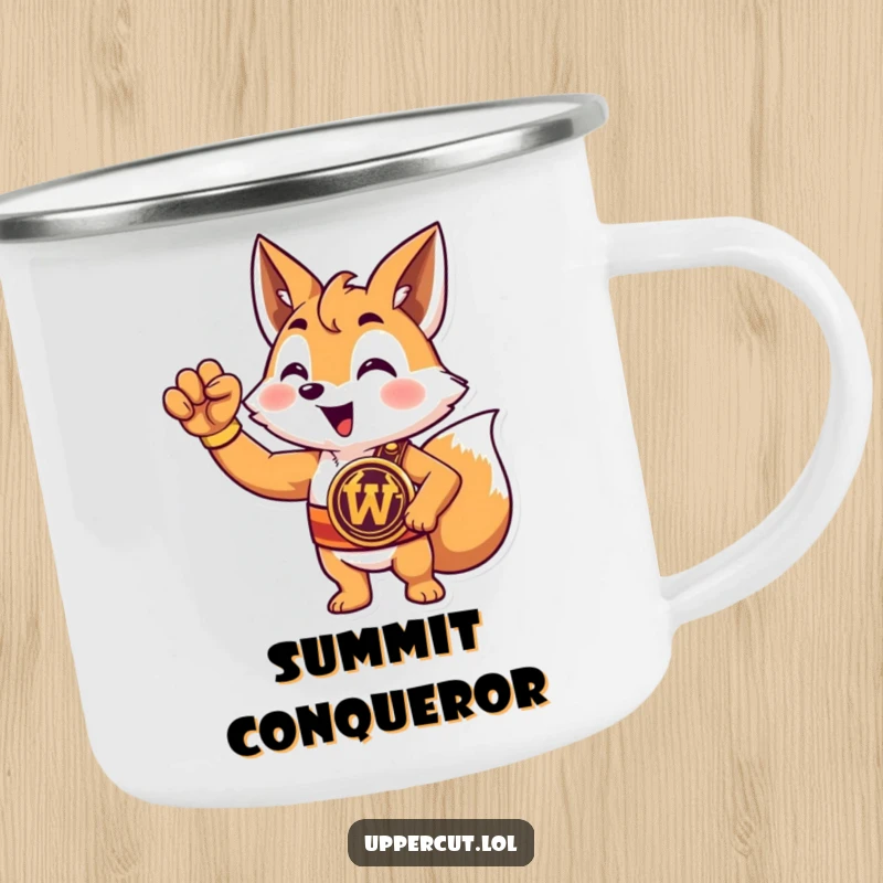 Funny fox champion camping mug with a triumphant cartoon fox wearing a championship belt and raising a paw, ready for adventure.