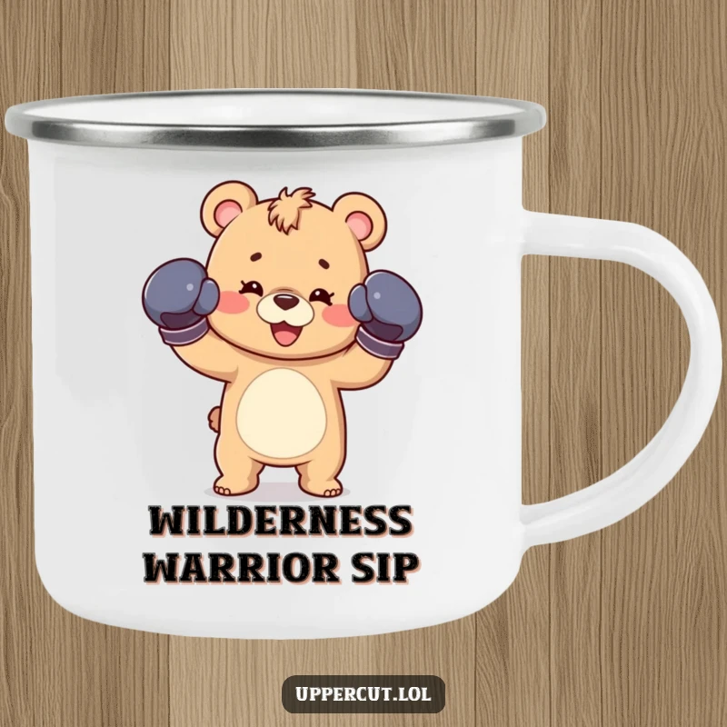 Funny camping mug with a happy bear cub in boxing gloves, throwing a playful jab, ready for outdoor adventures.