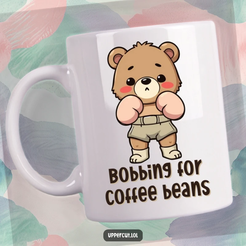 Funny Bear Boxing Mug: Determined bear in boxing shorts playfully bobbing and weaving with a cheerful, funny expression.