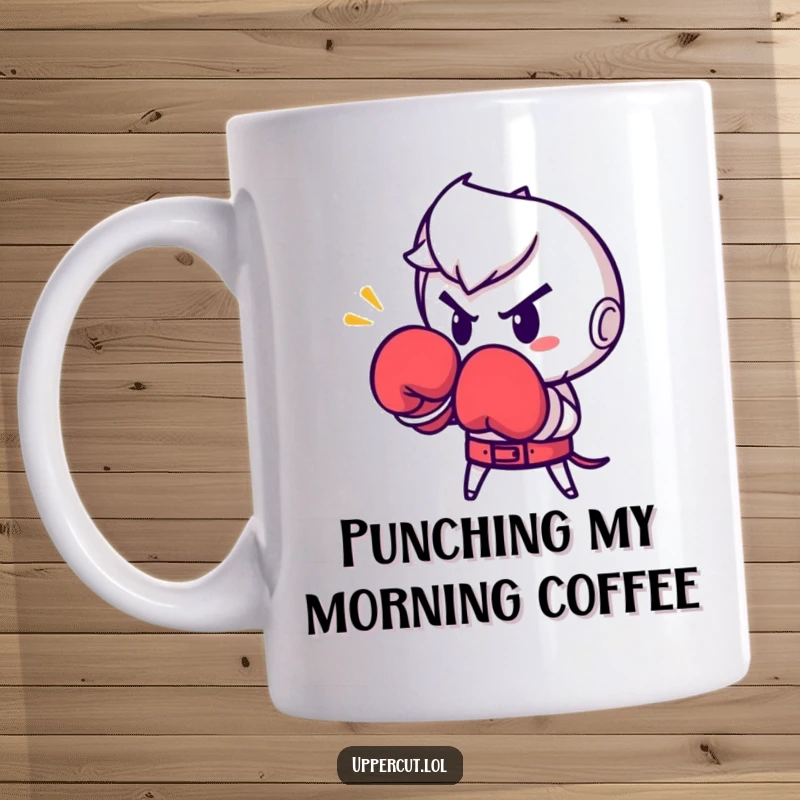 Funny Boxing Glove Punch Mug: Determined boxing glove character launching a powerful punch with a fierce, funny expression.