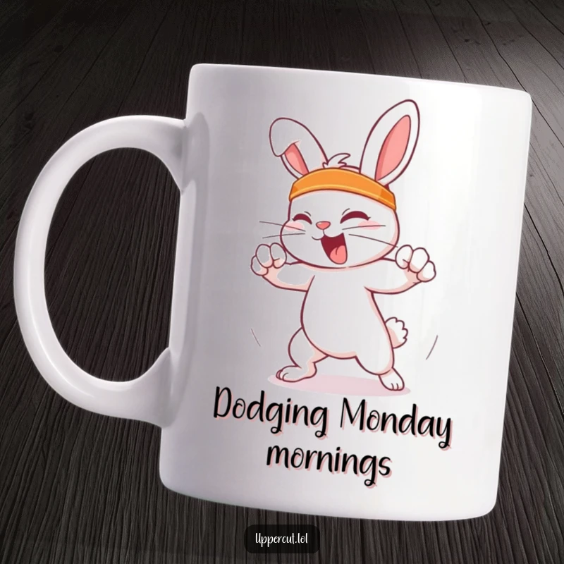 Funny Feisty Rabbit Mug: Feisty rabbit character in a headband humorously dodging an imaginary punch with speed and agility.