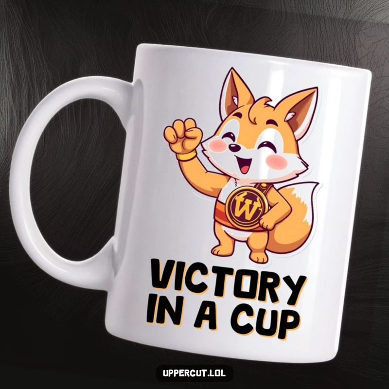 Funny fox champion mug featuring a triumphant cartoon fox wearing a championship belt and raising a paw in victory.