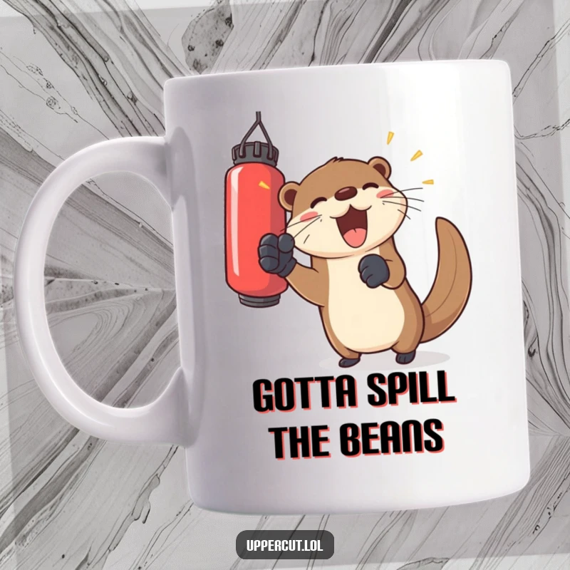Funny otter wearing gloves, playfully punching a floating bag, a joyful and humorous mug for a spirited start.