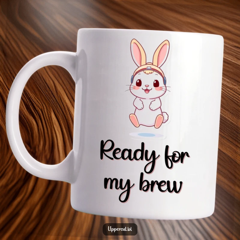 Funny rabbit wearing boxing headgear, playfully bouncing on its toes, a humorous mug for a cheerful start.