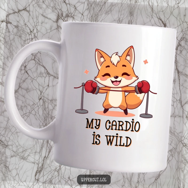 Funny fox boxer with boxing gloves hilariously failing at skipping rope, embodying comedic effort for a mug gift.