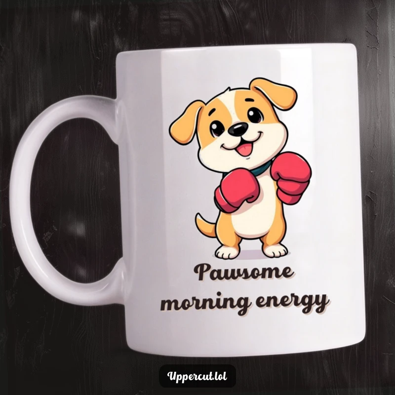 Funny dog boxer mug with a cute cartoon puppy wearing boxing mitts, playfully tapping its paws with a happy expression.