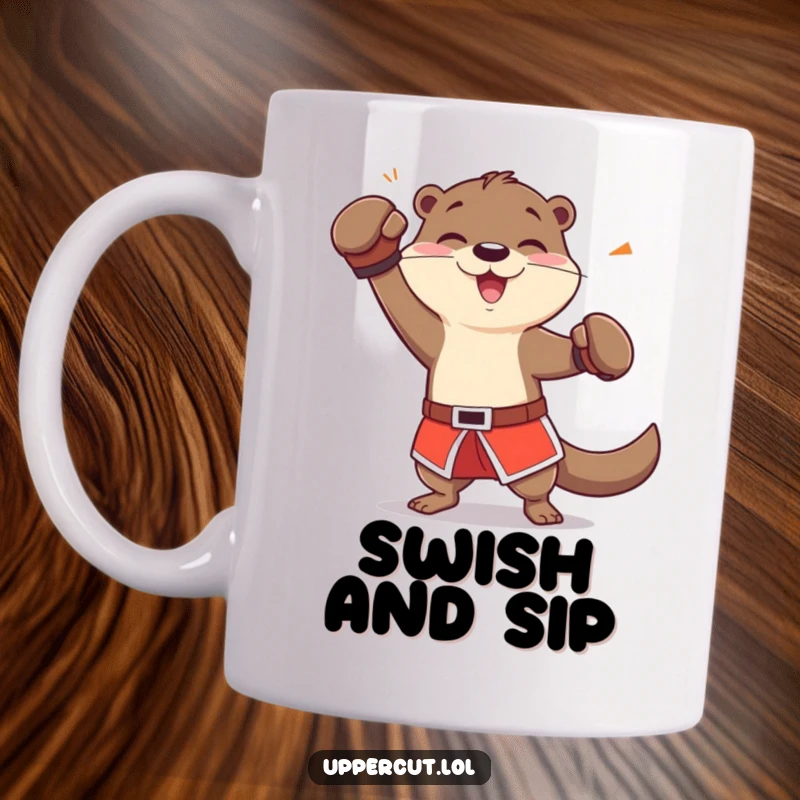 Funny cheerful otter in boxing shorts, playfully dodging an imaginary jab, a quick and witty gift mug.