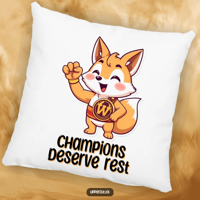Funny fox champion pillow featuring a triumphant cartoon fox wearing a championship belt and raising a paw, offering comfort.