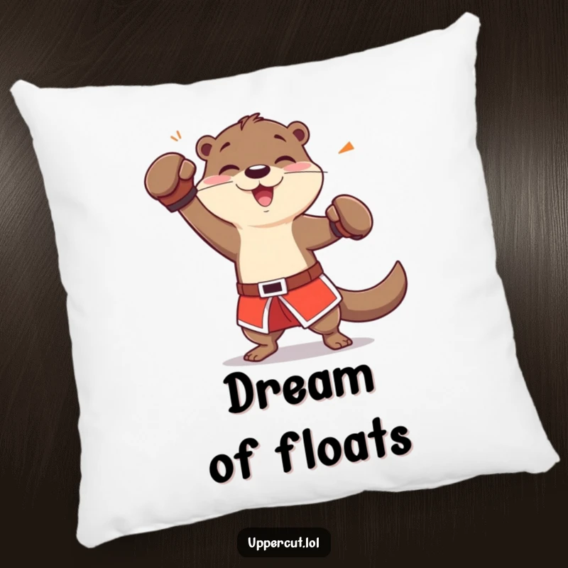 Funny otter character in boxing shorts, shown playfully dodging a jab, a soft and humorous decorative pillow.
