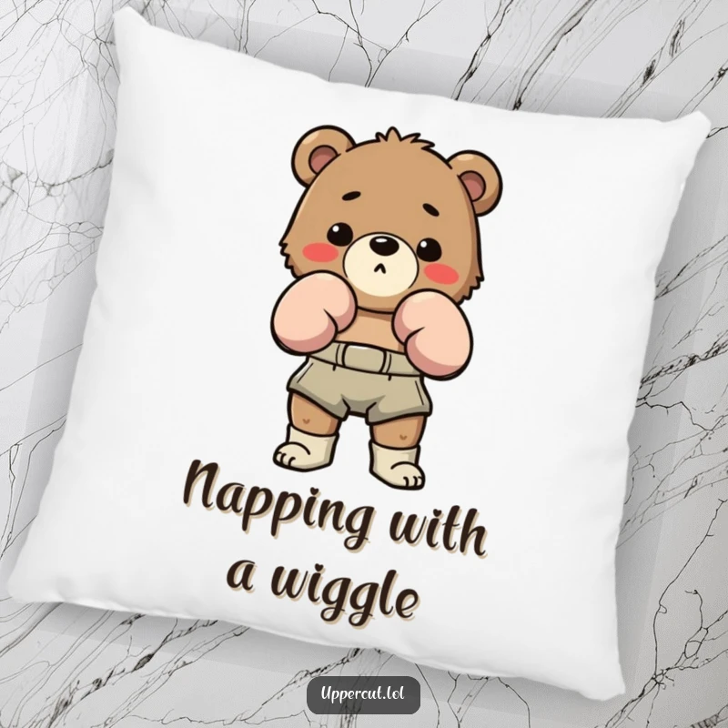 Funny Bear Boxing Pillow: A determined bear wearing boxing shorts, humorously bobbing and weaving, a soft and funny decor item.