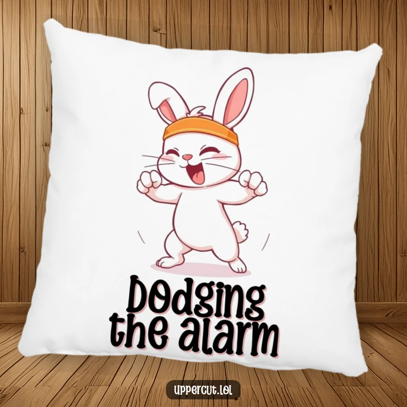Funny Feisty Rabbit Pillow: A feisty rabbit wearing a headband, humorously dodging an imaginary punch, a soft and funny decor item.