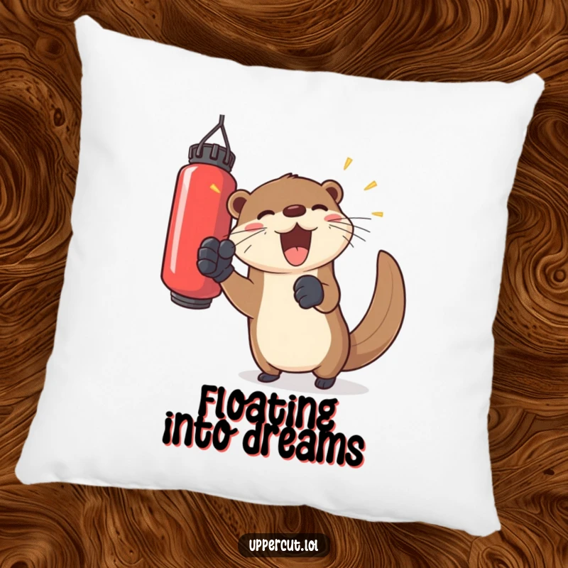 Funny otter in gloves, playfully punching a floating bag, a soft and humorous pillow for cozy joy.