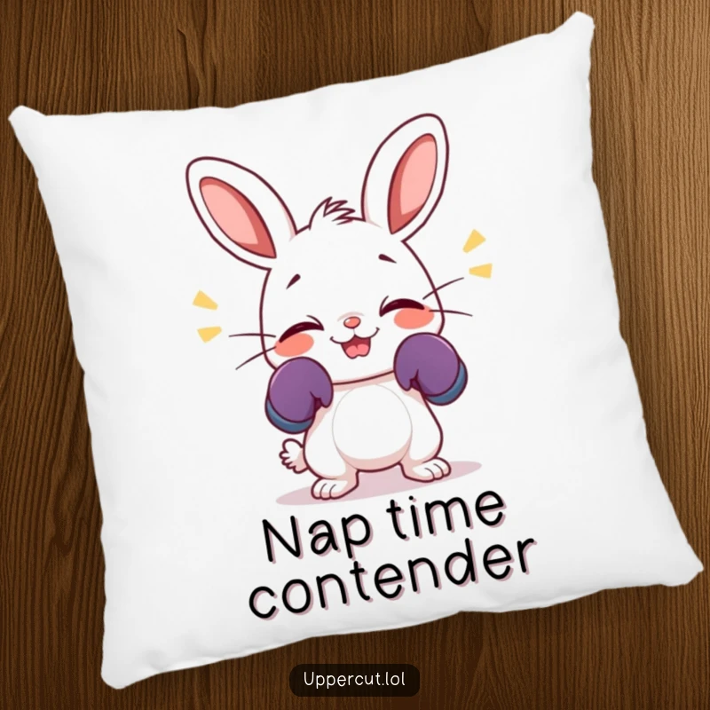 Funny pillow showcasing a giggling rabbit in tiny boxing gloves, wiggling its nose with an endearing and cheerful expression.