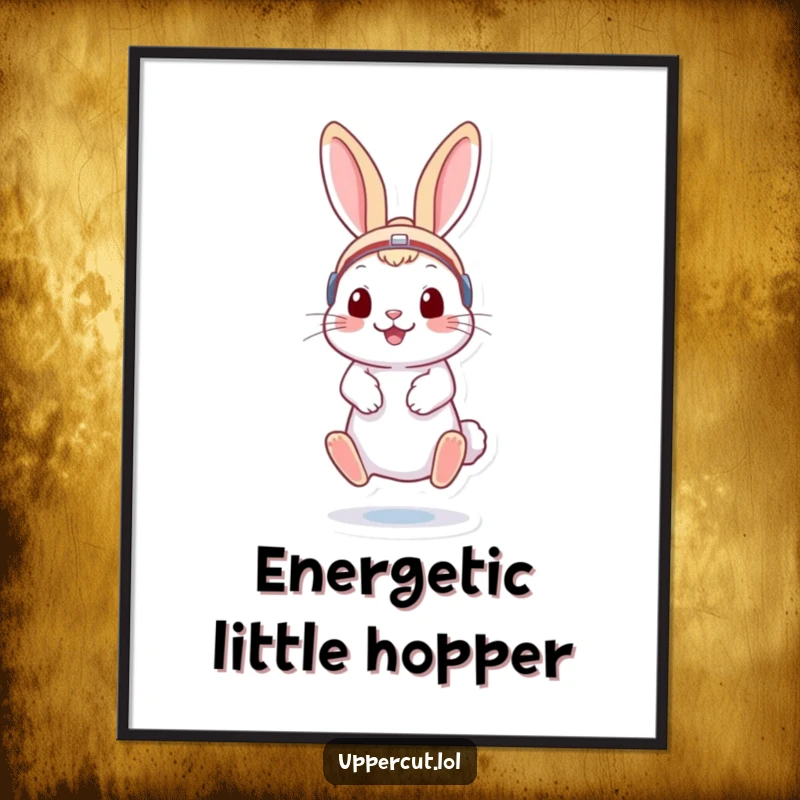 Funny rabbit wearing boxing headgear, energetically bouncing on toes, a high-resolution digital art print for instant playful decor.