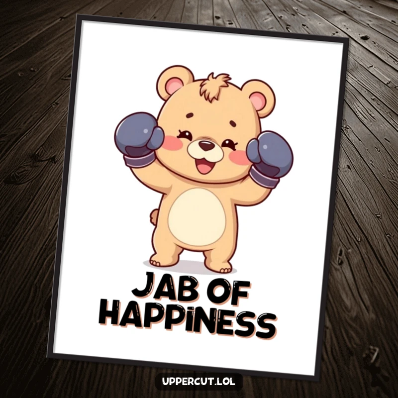 Funny digital art print of a happy bear cub wearing boxing gloves, throwing a playful jab, perfect for wall decor.