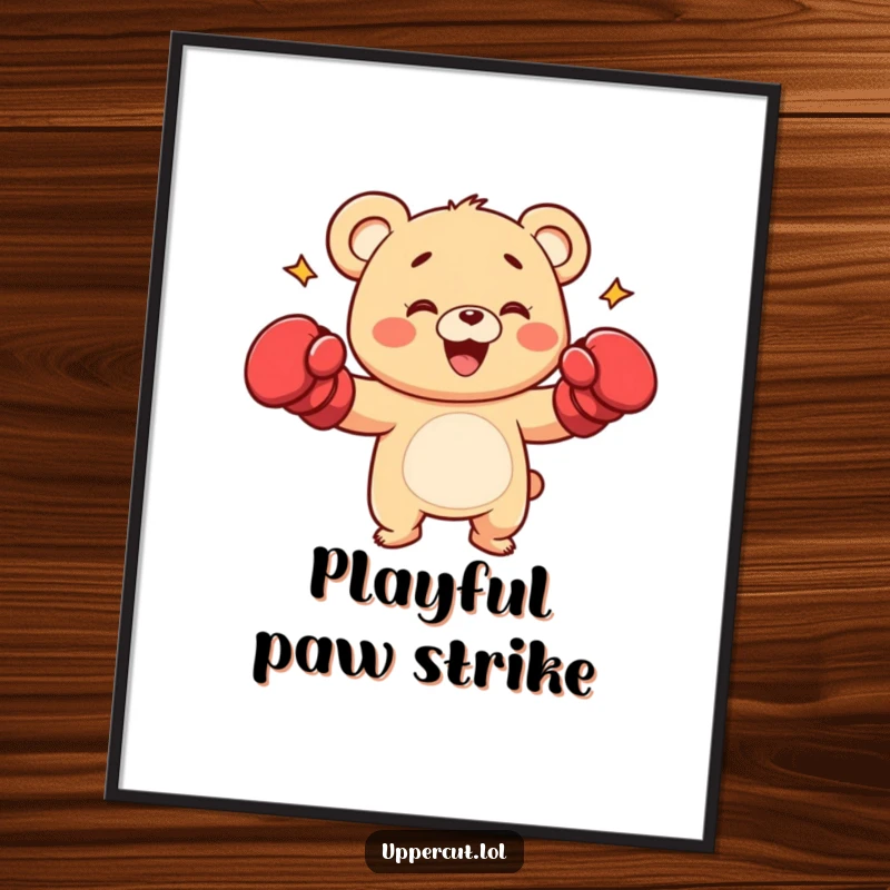 Funny bear cub character in boxing gloves, playfully delivering a punch, high-quality digital art for energetic decor.