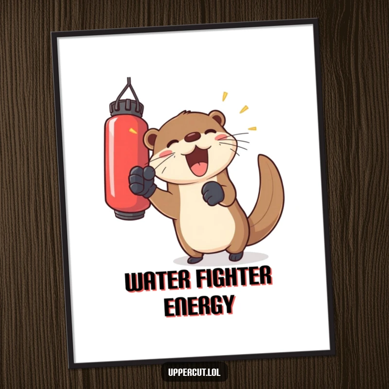 Funny otter in gloves, playfully punching a floating bag, a high-resolution digital art print for instant joyful decor.