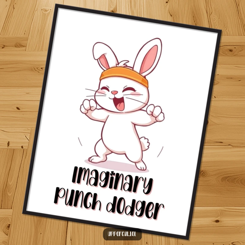 Funny Feisty Rabbit Digital Art Print: Feisty rabbit in a headband humorously dodging an imaginary punch, ready for funny decor.