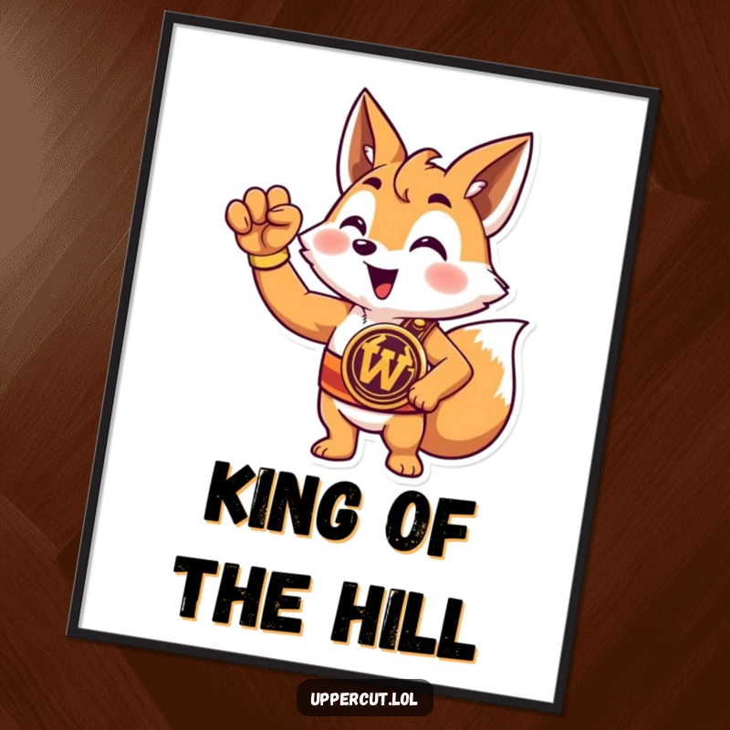 Funny fox champion digital art print of a triumphant cartoon fox wearing a championship belt and raising a paw in glory.