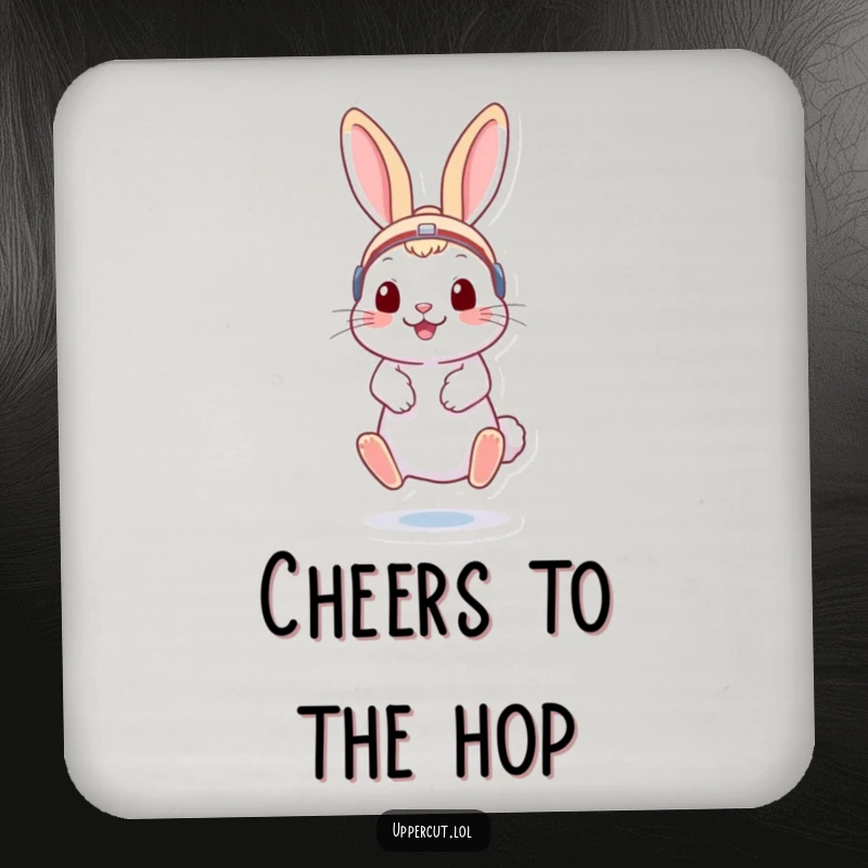 Funny rabbit in boxing headgear, playfully bouncing on toes, a humorous drink coaster for playful surface protection.