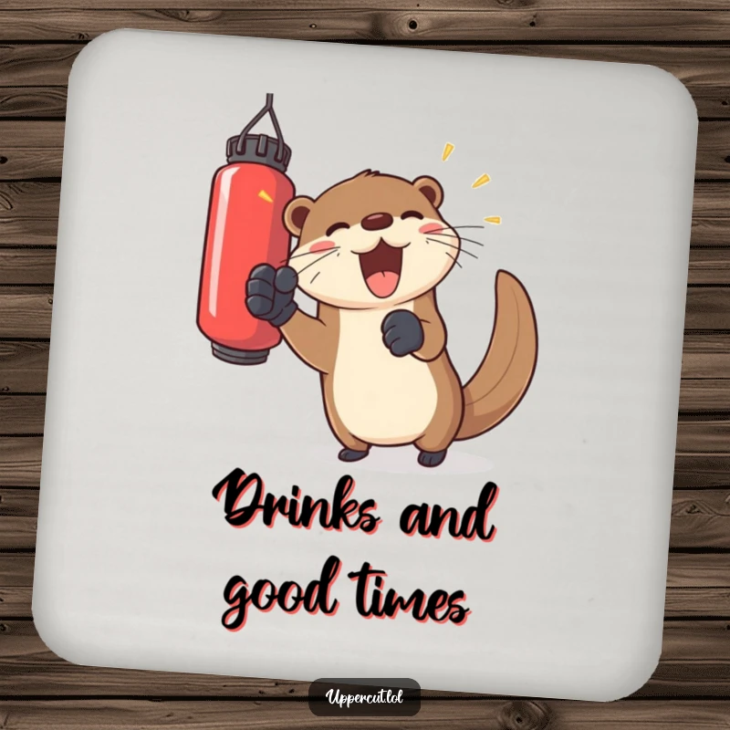 Funny otter in gloves, playfully punching a floating bag, a humorous drink coaster for joyful surface protection.