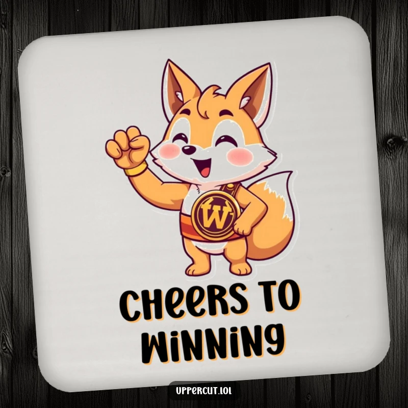 Funny fox champion coasters featuring a triumphant cartoon fox wearing a championship belt and raising a paw, protecting surfaces.