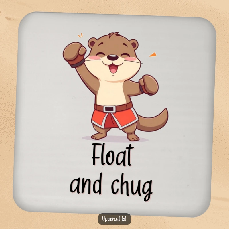 Funny otter character in boxing shorts, playfully dodging a jab, a protective and humorous drink coaster.