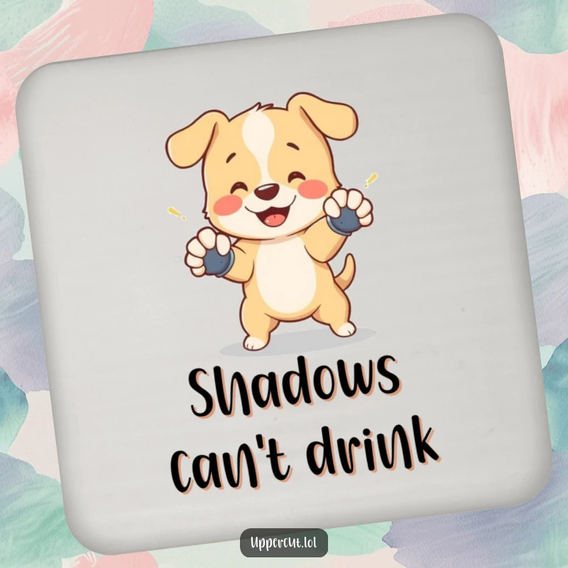 Funny coaster with a cheerful puppy wearing tiny gloves, playfully dodging a shadow punch, protecting surfaces with charm.