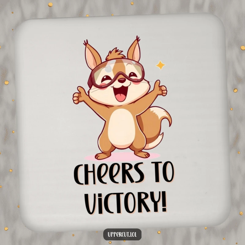 Funny coaster featuring a delighted squirrel in a headguard, joyfully doing a victory dance, offering stylish surface protection.