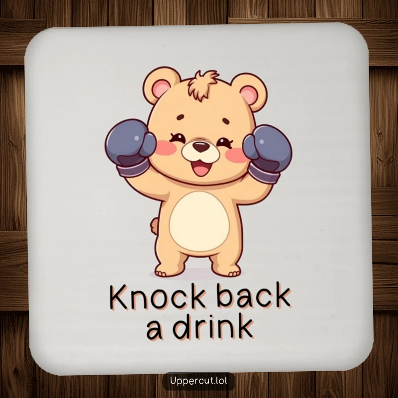 Funny coaster with a happy bear cub wearing boxing gloves, throwing a playful jab, protecting surfaces with charm.
