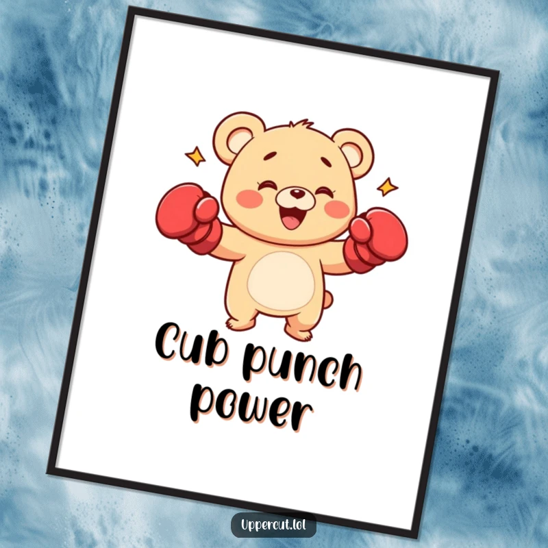 Funny happy bear cub in boxing gloves, delivering a playful punch, a dynamic and motivational art print.