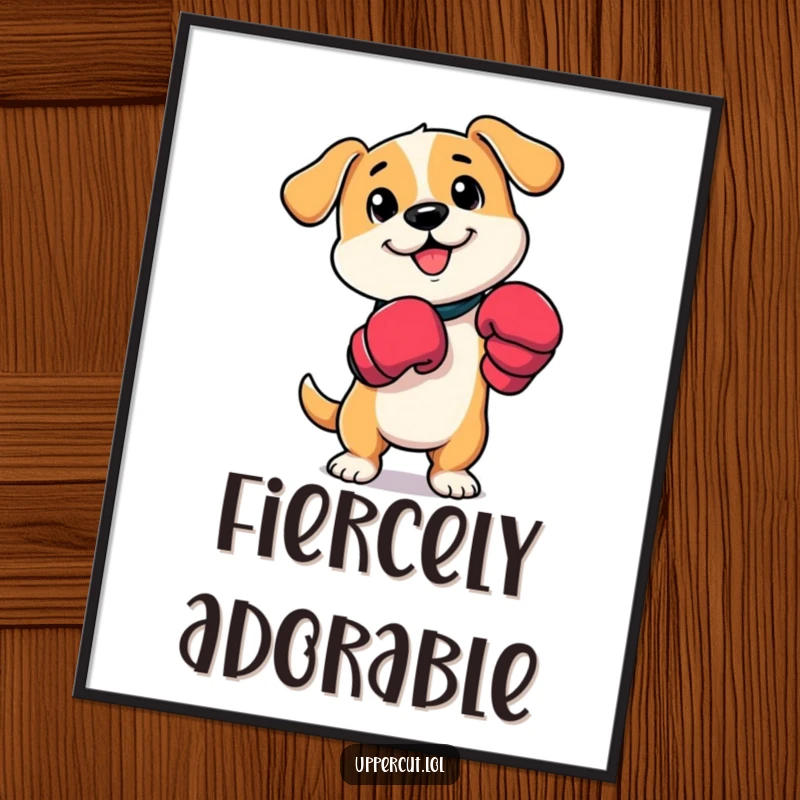 Funny dog boxer poster showing a cute cartoon dog in boxing mitts, playfully tapping paws, bringing energetic fun to walls.