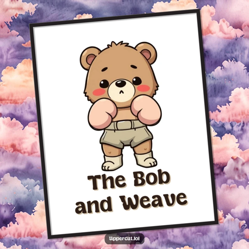 Funny Bear Boxing Poster: Determined bear in boxing shorts humorously bobbing and weaving, adding funny motivation to decor.