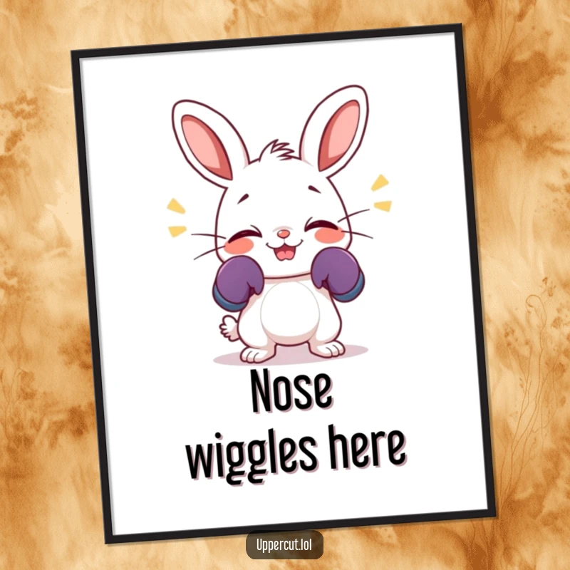 Funny poster featuring a giggling rabbit artistically depicted with tiny boxing gloves, wiggling its nose enthusiastically.