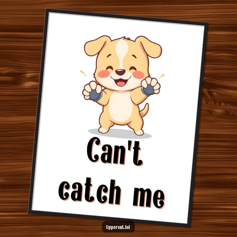 Funny poster of a cheerful puppy wearing tiny gloves, playfully dodging a shadow punch, adding a dynamic and humorous touch.