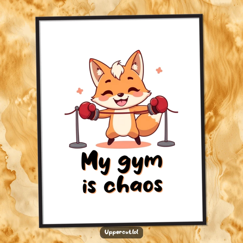 Funny fox in boxing gloves attempting to skip rope, humorous wall art poster for comedic effect and laughter.