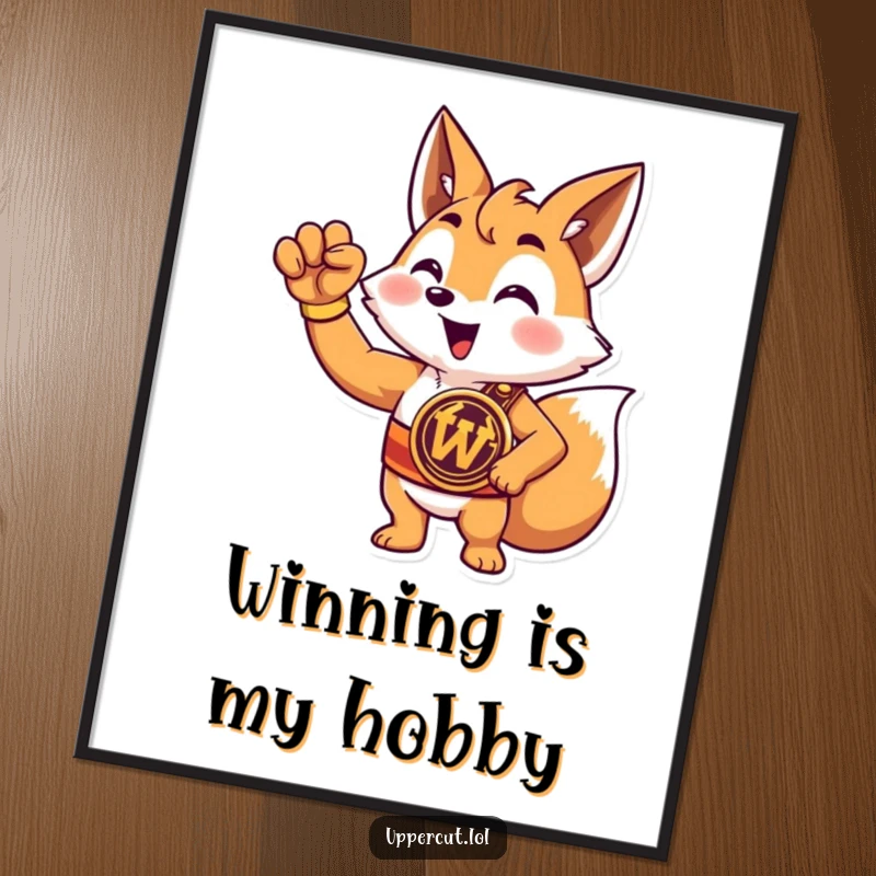 Funny fox champion poster depicting a triumphant cartoon fox wearing a championship belt and raising a paw in a powerful stance.